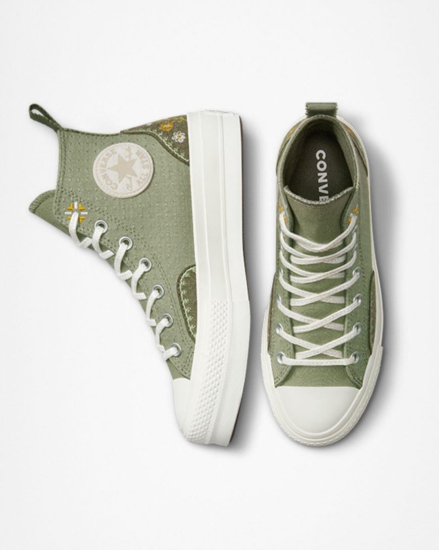 Zapatos Plataforma Converse Chuck Taylor All Star Lift Autumn Embroidery Altas Mujer Verde Menta | PE 87024L